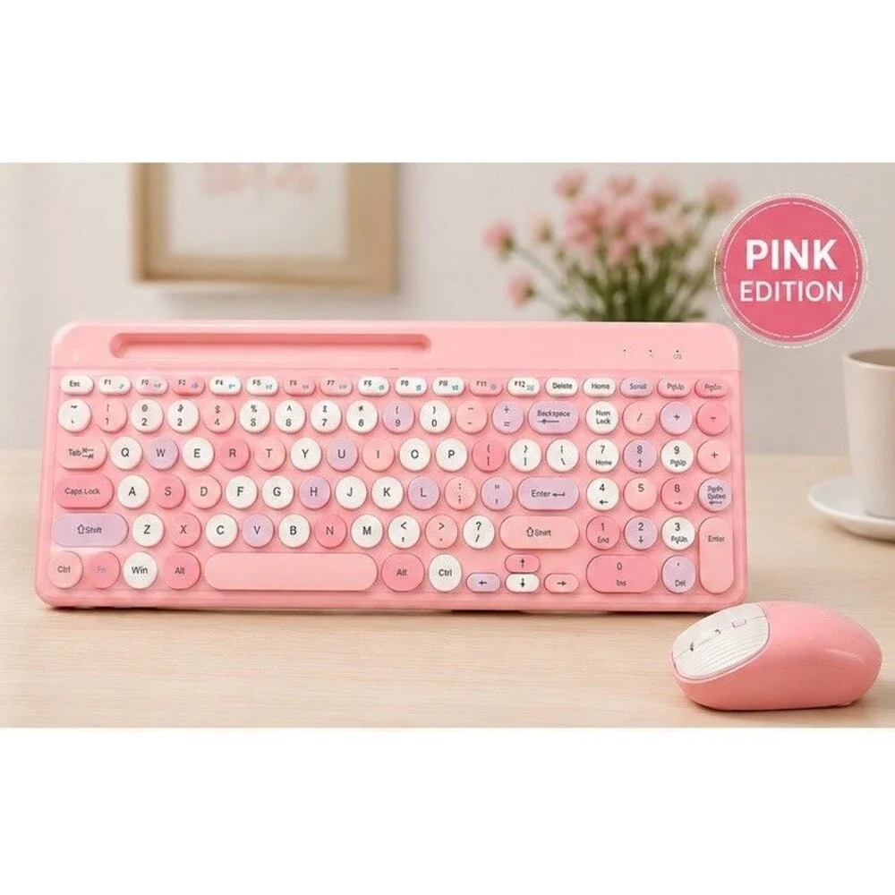 KM202-D Pink Wireless Keyboard And Mouse With Holder
